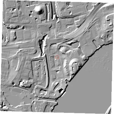 Shaded relief map of the ground around E149DW, computed from Environment Agency LiDAR. The ground here sits at about 3 m above sea level and falls 15 m across the surrounding 800 m. Surface water reaching this point runs off ground lying to the south-east, 12.4 m higher.