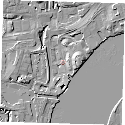 Shaded relief map of the ground around E149EH, computed from Environment Agency LiDAR. The ground here sits at about 3 m above sea level and falls 15 m across the surrounding 800 m. Surface water reaching this point runs off ground lying to the east-south-east, 12.4 m higher.