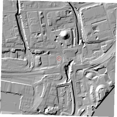 Shaded relief map of the ground around E149EX, computed from Environment Agency LiDAR. The ground here sits at about 4 m above sea level and falls 15 m across the surrounding 800 m. Surface water reaching this point runs off ground lying to the north-north-east, 4.4 m higher.