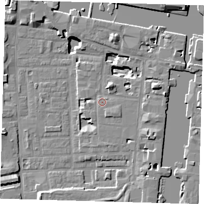 Shaded relief map of the ground around E149EZ, computed from Environment Agency LiDAR. The ground here sits at about 4 m above sea level and falls 18 m across the surrounding 800 m. Surface water reaching this point runs off ground lying to the north-north-east, 3.4 m higher.