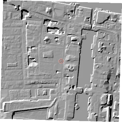 Shaded relief map of the ground around E149FZ, computed from Environment Agency LiDAR. The ground here sits at about 4 m above sea level and falls 17 m across the surrounding 800 m. Surface water reaching this point runs off ground lying to the south-east, 3.5 m higher.