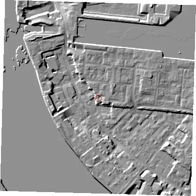 Shaded relief map of the ground around E149GA, computed from Environment Agency LiDAR. The ground here sits at about 3 m above sea level and falls 7 m across the surrounding 800 m. Surface water reaching this point runs off ground lying to the west-south-west, 6.4 m higher.