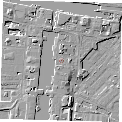 Shaded relief map of the ground around E149HF, computed from Environment Agency LiDAR. The ground here sits at about 6 m above sea level and falls 11 m across the surrounding 800 m. Surface water reaching this point runs off ground lying to the south-west, 1.0 m higher.