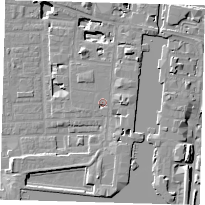 Shaded relief map of the ground around E149HU, computed from Environment Agency LiDAR. The ground here sits at about 4 m above sea level and falls 17 m across the surrounding 800 m. Surface water reaching this point runs off ground lying to the east, 3.5 m higher.