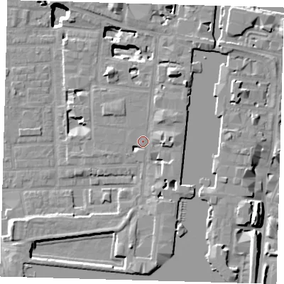 Shaded relief map of the ground around E149HY, computed from Environment Agency LiDAR. The ground here sits at about 4 m above sea level and falls 17 m across the surrounding 800 m. Surface water reaching this point runs off ground lying to the east, 3.5 m higher.