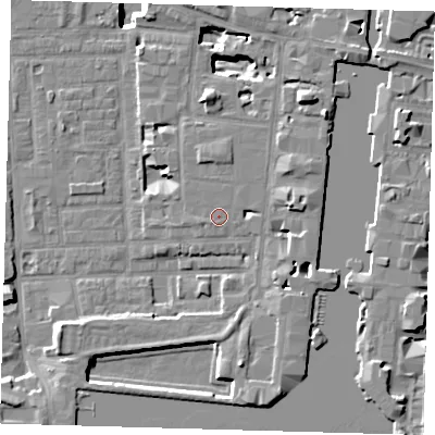 Shaded relief map of the ground around E149HZ, computed from Environment Agency LiDAR. The ground here sits at about 4 m above sea level and falls 17 m across the surrounding 800 m. Surface water reaching this point runs off ground lying to the north, 1.2 m higher.