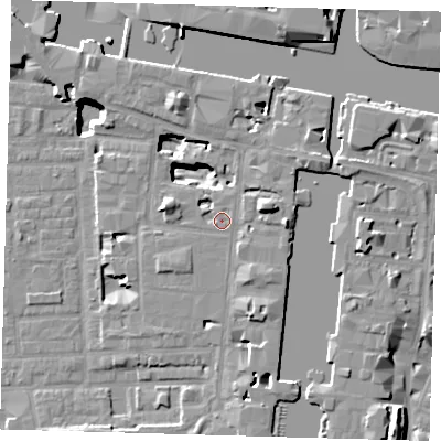 Shaded relief map of the ground around E149JE, computed from Environment Agency LiDAR. The ground here sits at about 4 m above sea level and falls 18 m across the surrounding 800 m. Surface water reaching this point runs off ground lying to the north-north-east, 0.6 m higher.
