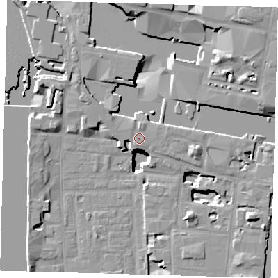 Shaded relief map of the ground around E149JF, computed from Environment Agency LiDAR. The ground here sits at about 5 m above sea level and falls 20 m across the surrounding 800 m. Surface water reaching this point runs off ground lying to the north, 1.3 m higher.