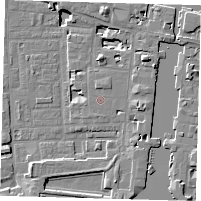 Shaded relief map of the ground around E149JL, computed from Environment Agency LiDAR. The ground here sits at about 4 m above sea level and falls 17 m across the surrounding 800 m. The ground contributing surface water to this point lies to the north-north-east.