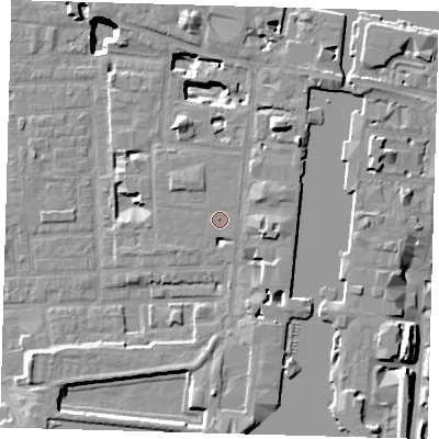 Shaded relief map of the ground around E149JP, computed from Environment Agency LiDAR. The ground here sits at about 4 m above sea level and falls 17 m across the surrounding 800 m. Surface water reaching this point runs off ground lying to the north-west, 1.2 m higher.