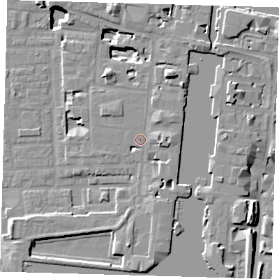 Shaded relief map of the ground around E149JS, computed from Environment Agency LiDAR. The ground here sits at about 4 m above sea level and falls 17 m across the surrounding 800 m. Surface water reaching this point runs off ground lying to the east, 3.5 m higher.
