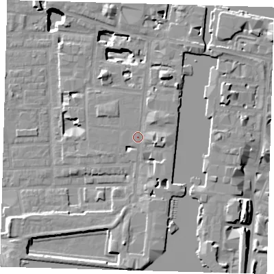 Shaded relief map of the ground around E149JU, computed from Environment Agency LiDAR. The ground here sits at about 4 m above sea level and falls 17 m across the surrounding 800 m. Surface water reaching this point runs off ground lying to the east-south-east, 3.5 m higher.