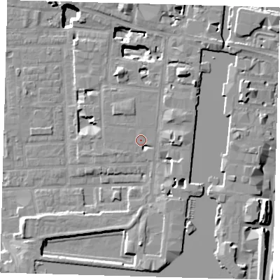 Shaded relief map of the ground around E149JW, computed from Environment Agency LiDAR. The ground here sits at about 4 m above sea level and falls 17 m across the surrounding 800 m. Surface water reaching this point runs off ground lying to the north-north-west, 1.2 m higher.