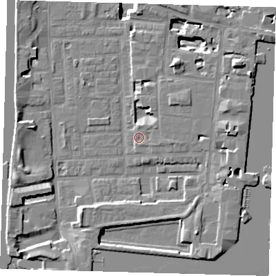 Shaded relief map of the ground around E149LB, computed from Environment Agency LiDAR. The ground here sits at about 3 m above sea level and falls 17 m across the surrounding 800 m. Surface water reaching this point runs off ground lying to the east, 2.1 m higher.