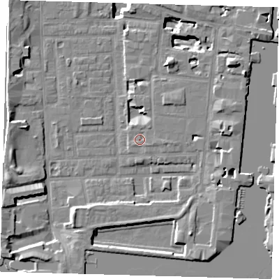 Shaded relief map of the ground around E149LD, computed from Environment Agency LiDAR. The ground here sits at about 4 m above sea level and falls 17 m across the surrounding 800 m. Surface water reaching this point runs off ground lying to the east, 1.7 m higher.
