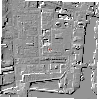 Shaded relief map of the ground around E149LF, computed from Environment Agency LiDAR. The ground here sits at about 4 m above sea level and falls 17 m across the surrounding 800 m. Surface water reaching this point runs off ground lying to the east-south-east, 1.4 m higher.