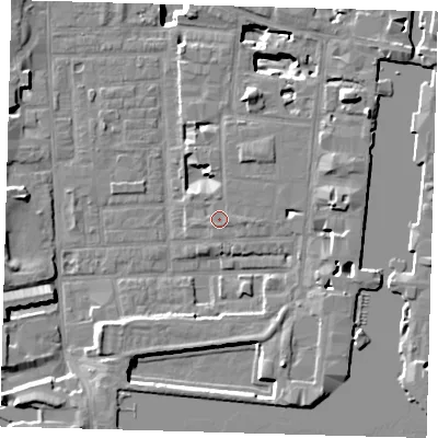 Shaded relief map of the ground around E149LG, computed from Environment Agency LiDAR. The ground here sits at about 4 m above sea level and falls 17 m across the surrounding 800 m. Surface water reaching this point runs off ground lying to the east, 1.4 m higher.