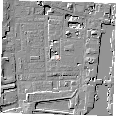 Shaded relief map of the ground around E149LH, computed from Environment Agency LiDAR. The ground here sits at about 4 m above sea level and falls 17 m across the surrounding 800 m. Surface water reaching this point runs off ground lying to the north, 3.5 m higher.
