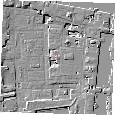 Shaded relief map of the ground around E149LN, computed from Environment Agency LiDAR. The ground here sits at about 4 m above sea level and falls 17 m across the surrounding 800 m. Surface water reaching this point runs off ground lying to the west-north-west, 0.5 m higher.