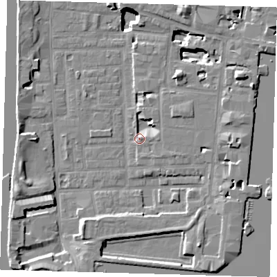 Shaded relief map of the ground around E149LP, computed from Environment Agency LiDAR. The ground here sits at about 4 m above sea level and falls 17 m across the surrounding 800 m. Surface water reaching this point runs off ground lying to the north-east, 3.5 m higher.