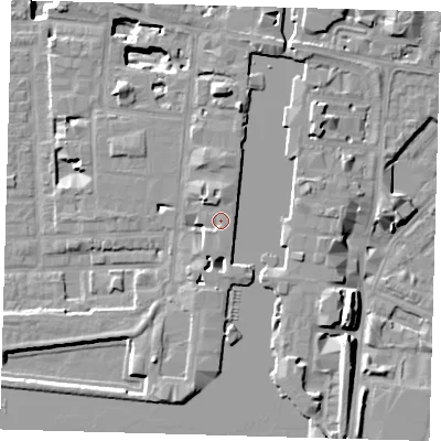 Shaded relief map of the ground around E149NG, computed from Environment Agency LiDAR. The ground here sits at about 5 m above sea level and falls 17 m across the surrounding 800 m. Surface water reaching this point runs off ground lying to the south, 1.3 m higher.