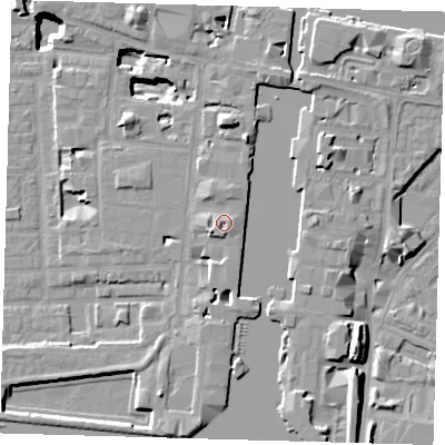 Shaded relief map of the ground around E149NH, computed from Environment Agency LiDAR. The ground here sits at about 6 m above sea level and falls 17 m across the surrounding 800 m. Surface water reaching this point runs off ground lying to the south-south-west, 1.8 m higher.