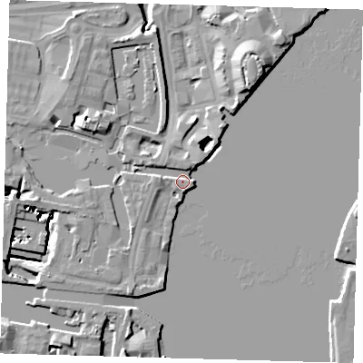 Shaded relief map of the ground around E149NL, computed from Environment Agency LiDAR. The ground here sits at about 5 m above sea level and falls 13 m across the surrounding 800 m. Surface water reaching this point runs off ground lying to the west-north-west, 3.5 m higher.