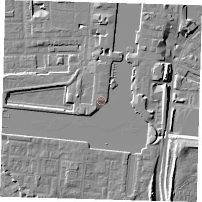 Shaded relief map of the ground around E149NN, computed from Environment Agency LiDAR. The ground here sits at about 6 m above sea level and falls 12 m across the surrounding 800 m. Surface water reaching this point runs off ground lying to the south-south-west, 2.2 m higher.