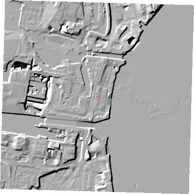 Shaded relief map of the ground around E149NP, computed from Environment Agency LiDAR. The ground here sits at about 5 m above sea level and falls 13 m across the surrounding 800 m. Surface water reaching this point runs off ground lying to the west-north-west, 11.9 m higher.