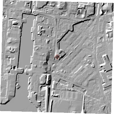 Shaded relief map of the ground around E149NQ, computed from Environment Agency LiDAR. The ground here sits at about 4 m above sea level and falls 9 m across the surrounding 800 m. Surface water reaching this point runs off ground lying to the south-south-west, 8.8 m higher.