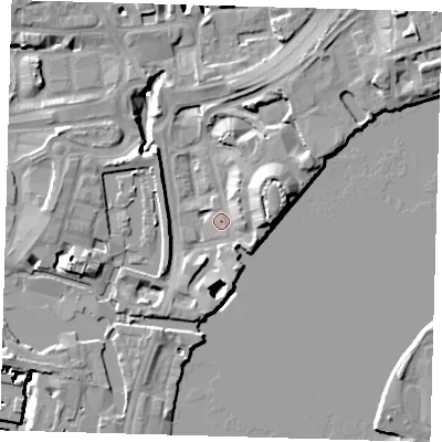 Shaded relief map of the ground around E149NR, computed from Environment Agency LiDAR. The ground here sits at about 3 m above sea level and falls 15 m across the surrounding 800 m. Surface water reaching this point runs off ground lying to the east, 12.4 m higher.