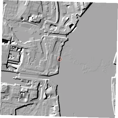 Shaded relief map of the ground around E149NS, computed from Environment Agency LiDAR. The ground here sits at about 4 m above sea level and falls 13 m across the surrounding 800 m. Surface water reaching this point runs off ground lying to the south-south-west, 4.7 m higher.