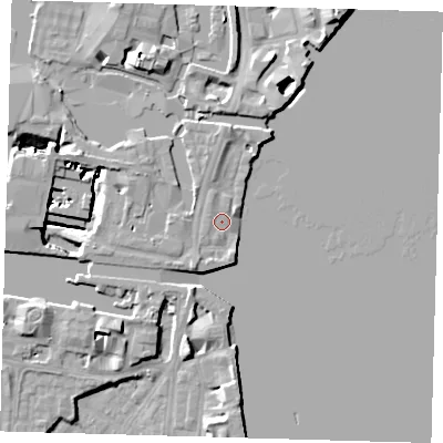 Shaded relief map of the ground around E149NT, computed from Environment Agency LiDAR. The ground here sits at about 4 m above sea level and falls 13 m across the surrounding 800 m. Surface water reaching this point runs off ground lying to the west-north-west, 1.6 m higher.