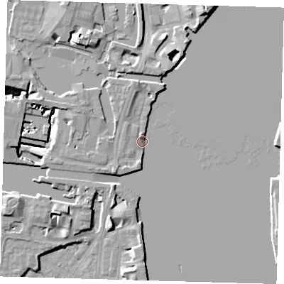 Shaded relief map of the ground around E149NU, computed from Environment Agency LiDAR. The ground here sits at about 3 m above sea level and falls 13 m across the surrounding 800 m. Surface water reaching this point runs off ground lying to the south-south-west, 4.7 m higher.