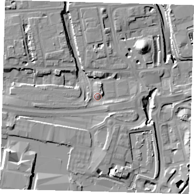 Shaded relief map of the ground around E149NW, computed from Environment Agency LiDAR. The ground here sits at about 4 m above sea level and falls 17 m across the surrounding 800 m. Surface water reaching this point runs off ground lying to the south, 6.3 m higher.