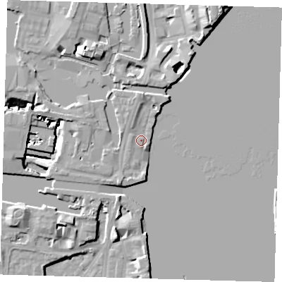 Shaded relief map of the ground around E149NX, computed from Environment Agency LiDAR. The ground here sits at about 4 m above sea level and falls 13 m across the surrounding 800 m. Surface water reaching this point runs off ground lying to the west-north-west, 11.9 m higher.