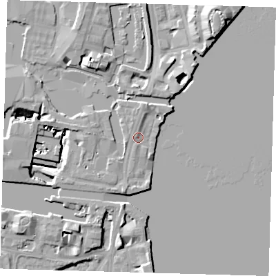Shaded relief map of the ground around E149NY, computed from Environment Agency LiDAR. The ground here sits at about 4 m above sea level and falls 13 m across the surrounding 800 m. Surface water reaching this point runs off ground lying to the west-north-west, 11.9 m higher.