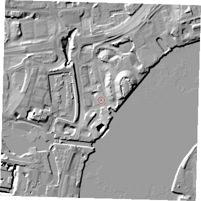 Shaded relief map of the ground around E149NZ, computed from Environment Agency LiDAR. The ground here sits at about 3 m above sea level and falls 13 m across the surrounding 800 m. Surface water reaching this point runs off ground lying to the east-north-east, 12.4 m higher.