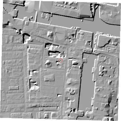 Shaded relief map of the ground around E149PD, computed from Environment Agency LiDAR. The ground here sits at about 4 m above sea level and falls 19 m across the surrounding 800 m. Surface water reaching this point runs off ground lying to the east, 7.6 m higher.