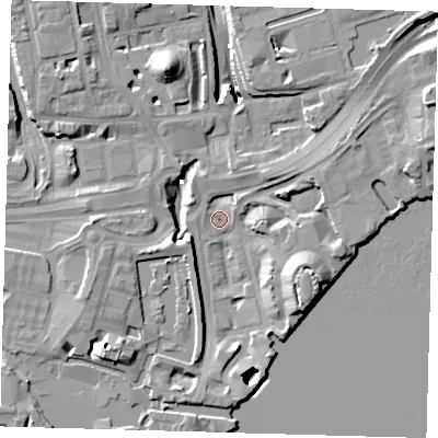 Shaded relief map of the ground around E149PE, computed from Environment Agency LiDAR. The ground here sits at about 3 m above sea level and falls 15 m across the surrounding 800 m. Surface water reaching this point runs off ground lying to the south-east, 12.4 m higher.