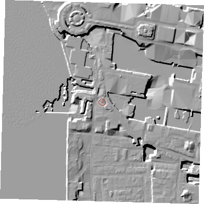 Shaded relief map of the ground around E149PG, computed from Environment Agency LiDAR. The ground here sits at about 6 m above sea level and falls 21 m across the surrounding 800 m. Surface water reaching this point runs off ground lying to the north, 1.2 m higher.