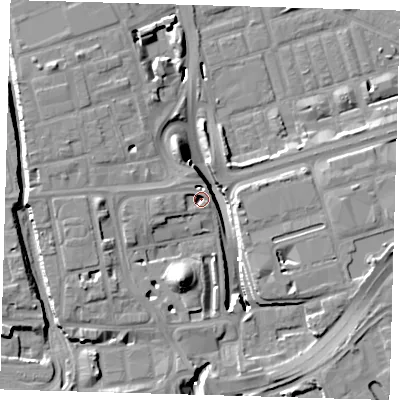 Shaded relief map of the ground around E149PP, computed from Environment Agency LiDAR. The ground here sits at about 2 m above sea level and falls 15 m across the surrounding 800 m. Surface water reaching this point runs off ground lying to the west-south-west, 2.1 m higher.