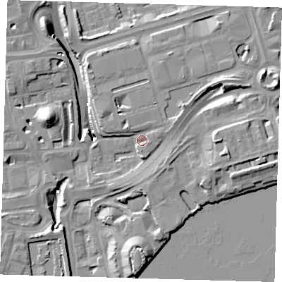 Shaded relief map of the ground around E149PS, computed from Environment Agency LiDAR. The ground here sits at about 4 m above sea level and falls 15 m across the surrounding 800 m. Surface water reaching this point runs off ground lying to the east-north-east, 3.9 m higher.
