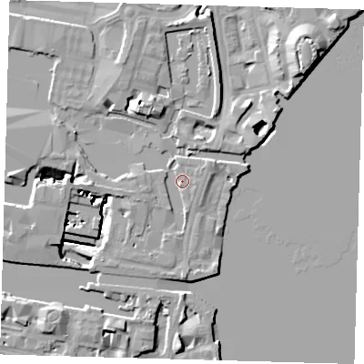 Shaded relief map of the ground around E149PT, computed from Environment Agency LiDAR. The ground here sits at about 5 m above sea level and falls 13 m across the surrounding 800 m. Surface water reaching this point runs off ground lying to the west-south-west, 2.3 m higher.