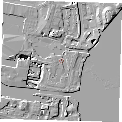 Shaded relief map of the ground around E149PY, computed from Environment Agency LiDAR. The ground here sits at about 5 m above sea level and falls 13 m across the surrounding 800 m. Surface water reaching this point runs off ground lying to the west-south-west, 2.5 m higher.