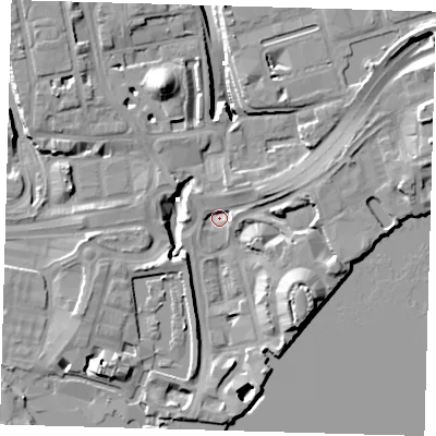 Shaded relief map of the ground around E149QB, computed from Environment Agency LiDAR. The ground here sits at about 2 m above sea level and falls 15 m across the surrounding 800 m. Surface water reaching this point runs off ground lying to the south-east, 12.4 m higher.