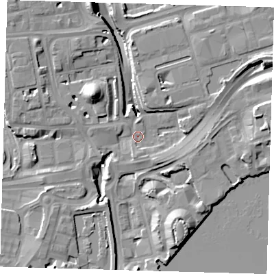 Shaded relief map of the ground around E149QE, computed from Environment Agency LiDAR. The ground here sits at about 3 m above sea level and falls 15 m across the surrounding 800 m. Surface water reaching this point runs off ground lying to the south-south-east, 2.7 m higher.