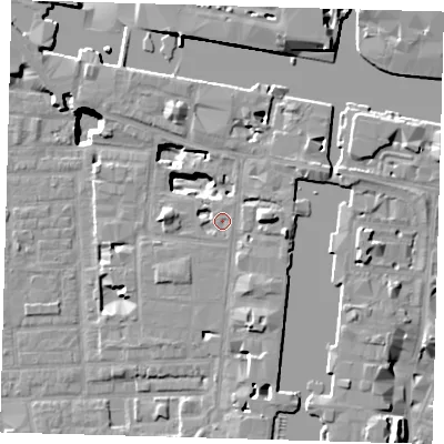 Shaded relief map of the ground around E149QF, computed from Environment Agency LiDAR. The ground here sits at about 4 m above sea level and falls 18 m across the surrounding 800 m. Surface water reaching this point runs off ground lying to the north-north-east, 1.8 m higher.