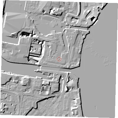 Shaded relief map of the ground around E149QH, computed from Environment Agency LiDAR. The ground here sits at about 5 m above sea level and falls 15 m across the surrounding 800 m. Surface water reaching this point runs off ground lying to the south-west, 1.7 m higher.