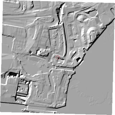Shaded relief map of the ground around E149QQ, computed from Environment Agency LiDAR. The ground here sits at about 5 m above sea level and falls 13 m across the surrounding 800 m. Surface water reaching this point runs off ground lying to the north-north-east, 2.1 m higher.